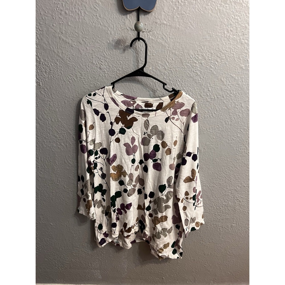 Chicos Womens White Floral Pullover 3/4  Sleeve Size 2